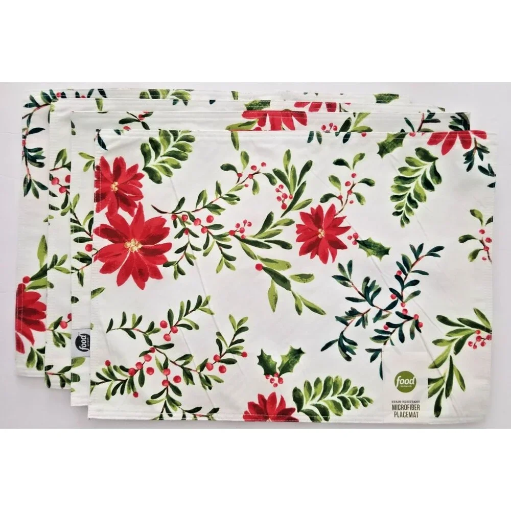 Food Network Placemats Stain-Resistant Holiday Poinsettias Set of 4 New Tags